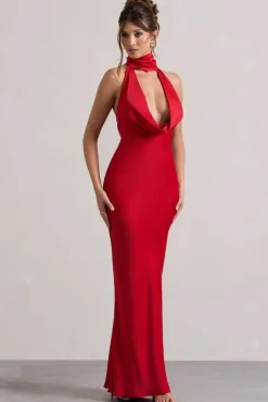 Matea | Red Satin Cowl-Neck Maxi Dress