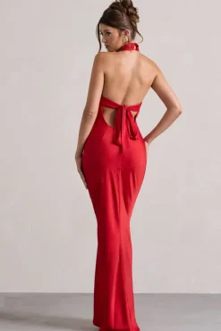 Matea | Red Satin Cowl-Neck Maxi Dress