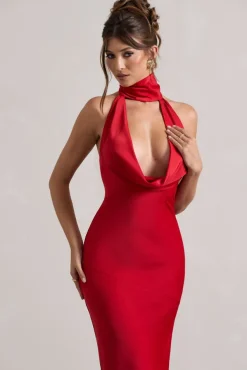 Matea | Red Satin Cowl-Neck Maxi Dress