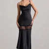 Matera | Black Satin Cowl-Neck Lace Trim Maxi Dress