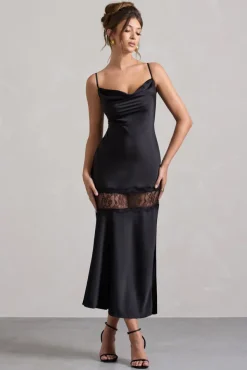 Matera | Black Satin Cowl-Neck Lace Trim Maxi Dress