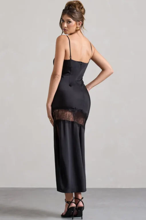Matera | Black Satin Cowl-Neck Lace Trim Maxi Dress