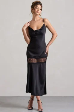 Matera | Black Satin Cowl-Neck Lace Trim Maxi Dress