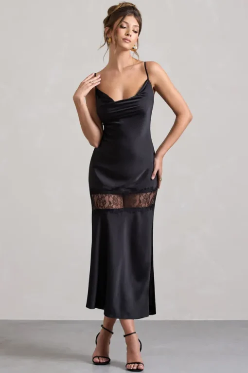 Matera | Black Satin Cowl-Neck Lace Trim Maxi Dress