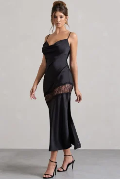 Matera | Black Satin Cowl-Neck Lace Trim Maxi Dress