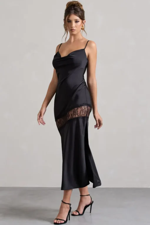 Matera | Black Satin Cowl-Neck Lace Trim Maxi Dress
