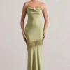 Matera | Light Olive Satin Cowl-Neck Lace Trim Maxi Dress
