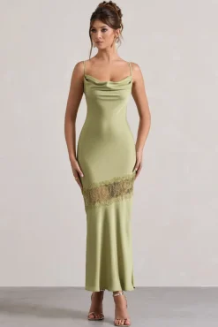 Matera | Light Olive Satin Cowl-Neck Lace Trim Maxi Dress