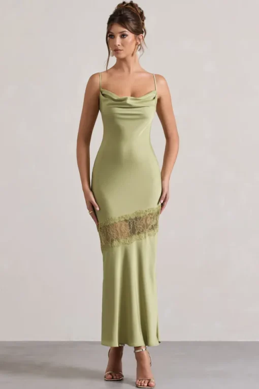 Matera | Light Olive Satin Cowl-Neck Lace Trim Maxi Dress