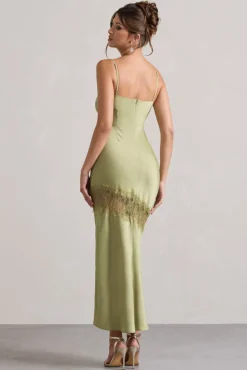 Matera | Light Olive Satin Cowl-Neck Lace Trim Maxi Dress