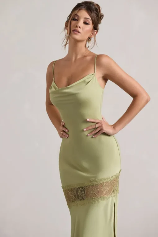 Matera | Light Olive Satin Cowl-Neck Lace Trim Maxi Dress