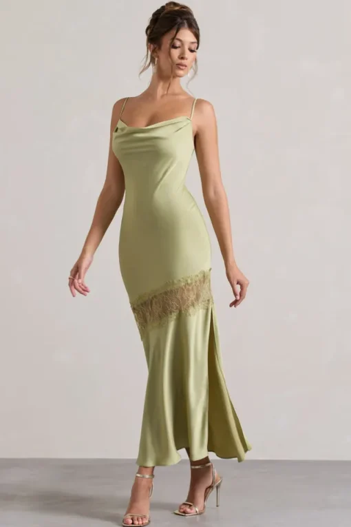 Matera | Light Olive Satin Cowl-Neck Lace Trim Maxi Dress