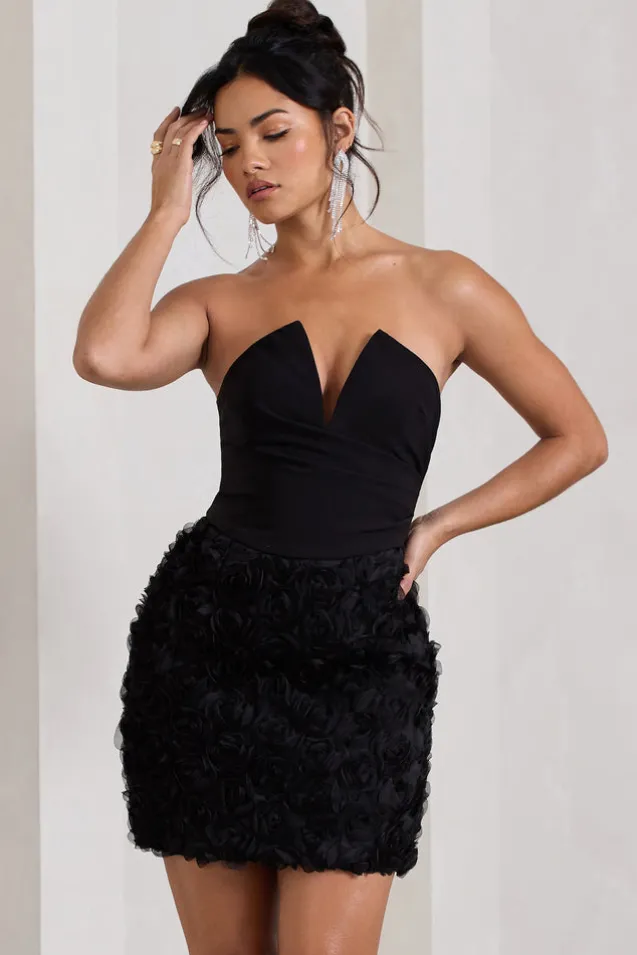Maya | Black Floral Mesh Strapless Mini Dress