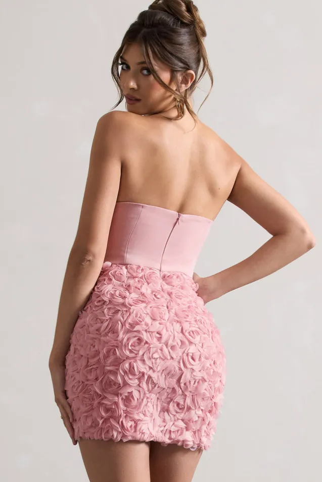 Maya | Blush Pink Floral Mesh Strapless Mini Dress