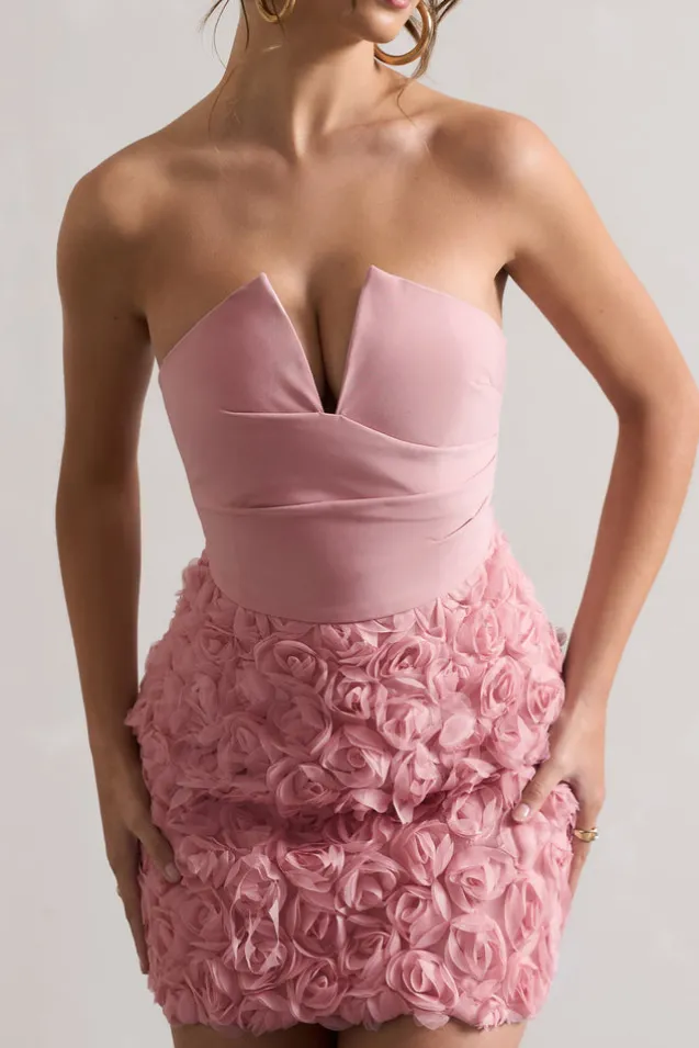 Maya | Blush Pink Floral Mesh Strapless Mini Dress