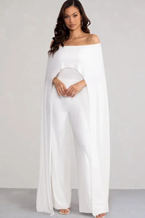 Mayara | White Bardot Cape Sleeve Jumpsuit