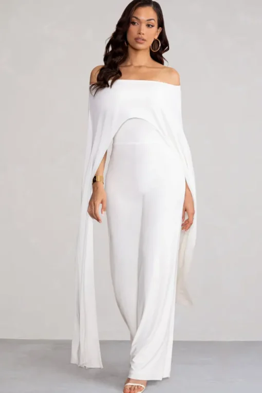 Mayara | White Bardot Cape Sleeve Jumpsuit