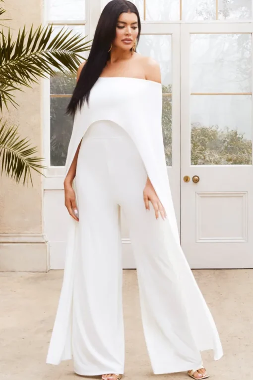Mayara | White Bardot Cape Sleeve Jumpsuit