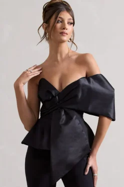 Mayfair | Black Asymmetric Bardot Top With Peplum Hem