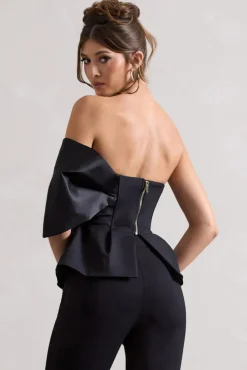 Mayfair | Black Asymmetric Bardot Top With Peplum Hem