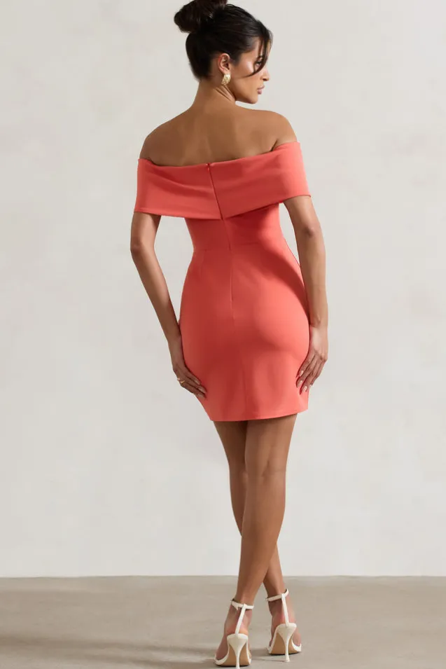 Megan | Coral Bow Bardot Mini Dress