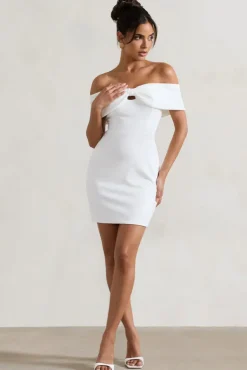 Megan | White Bow Bardot Mini Dress