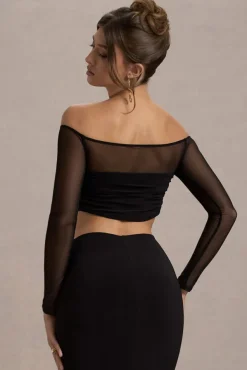 Mei | Black Mesh Bardot Crop Top