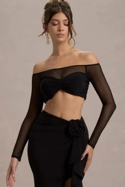 Mei | Black Mesh Bardot Crop Top