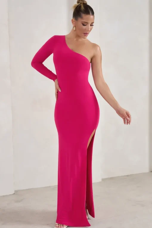 Melanie | Hot Pink One Shoulder Split Maxi Dress