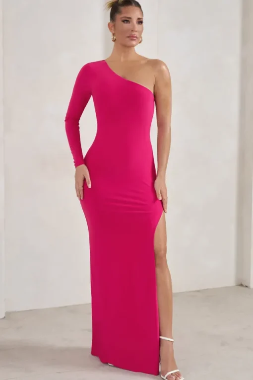 Melanie | Hot Pink One Shoulder Split Maxi Dress