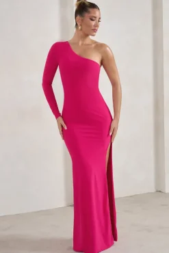Melanie | Hot Pink One Shoulder Split Maxi Dress