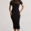 Melinda | Black High-Neck Short Sleeve Midi Dress