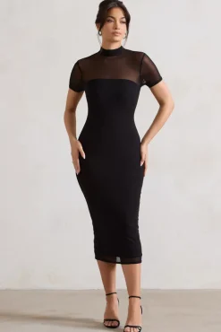 Melinda | Black High-Neck Short Sleeve Midi Dress