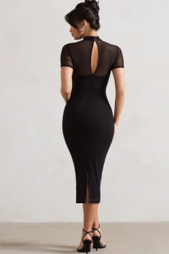 Melinda | Black High-Neck Short Sleeve Midi Dress