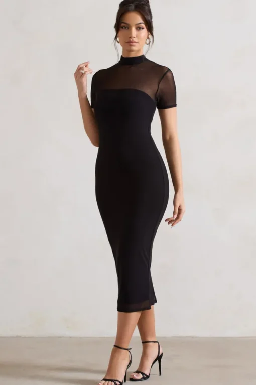 Melinda | Black High-Neck Short Sleeve Midi Dress