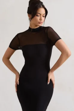 Melinda | Black High-Neck Short Sleeve Midi Dress