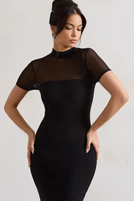 Melinda | Black High-Neck Short Sleeve Midi Dress