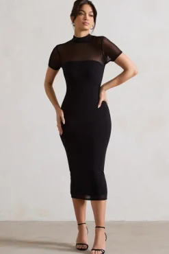 Melinda | Black High-Neck Short Sleeve Midi Dress