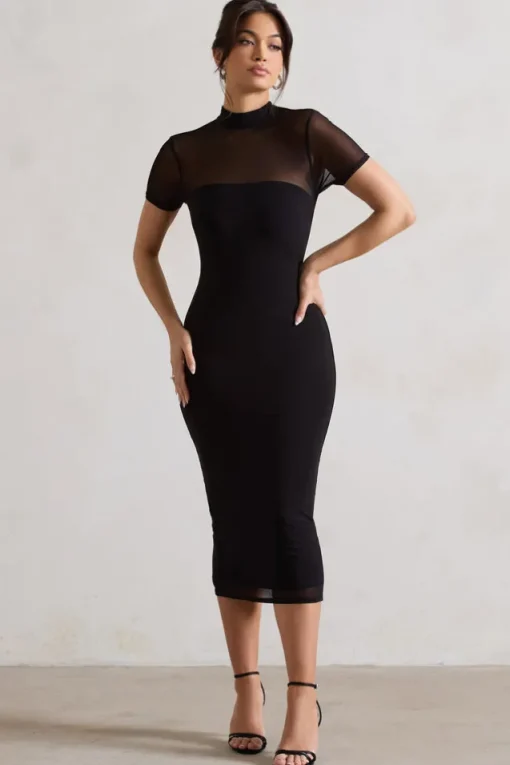 Melinda | Black High-Neck Short Sleeve Midi Dress