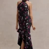 Melodia | Black Ditsy Floral Print Satin Halter-Neck Ruffled Maxi Dress