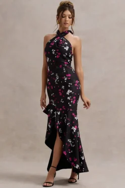 Melodia | Black Ditsy Floral Print Satin Halter-Neck Ruffled Maxi Dress