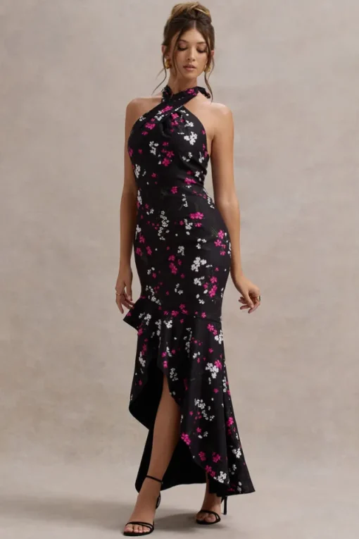 Melodia | Black Ditsy Floral Print Satin Halter-Neck Ruffled Maxi Dress
