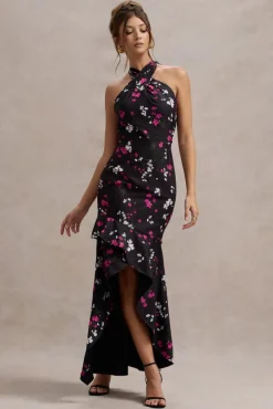 Melodia | Black Ditsy Floral Print Satin Halter-Neck Ruffled Maxi Dress