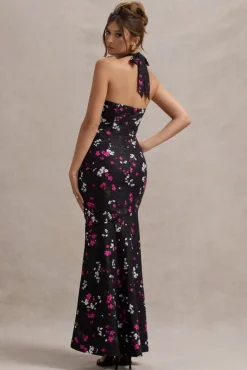 Melodia | Black Ditsy Floral Print Satin Halter-Neck Ruffled Maxi Dress