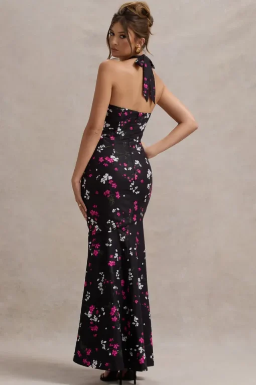 Melodia | Black Ditsy Floral Print Satin Halter-Neck Ruffled Maxi Dress