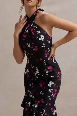 Melodia | Black Ditsy Floral Print Satin Halter-Neck Ruffled Maxi Dress