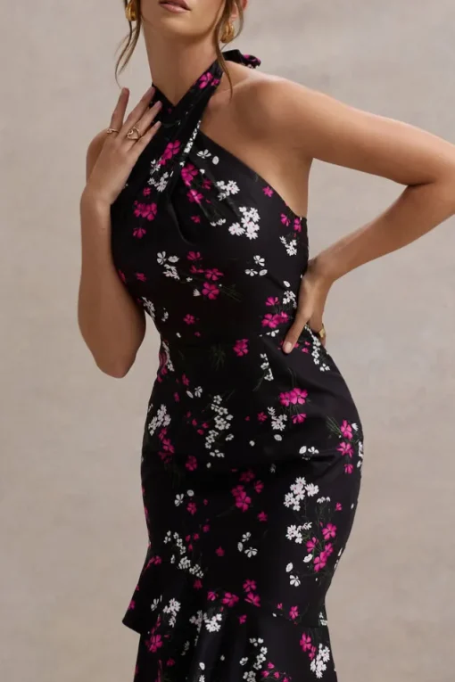 Melodia | Black Ditsy Floral Print Satin Halter-Neck Ruffled Maxi Dress