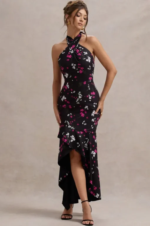Melodia | Black Ditsy Floral Print Satin Halter-Neck Ruffled Maxi Dress