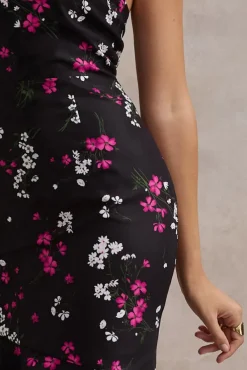 Melodia | Black Ditsy Floral Print Satin Halter-Neck Ruffled Maxi Dress