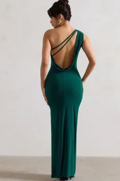 Melody | Bottle Green One Shoulder Cowl-Back Split Maxi Dress